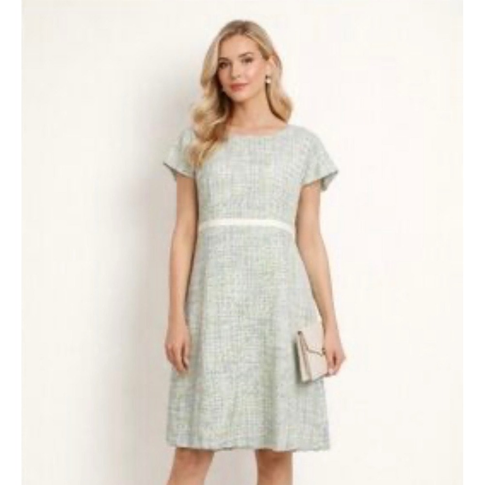 Alex Marie Green Blue Tweed Sheath Dress Womens 12 Cap Sleeve Empire Waist Mid